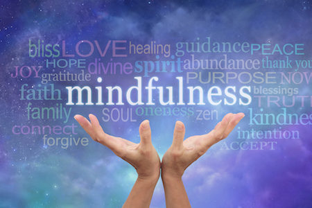 An image of outstretched hands with the word mindfulness above them